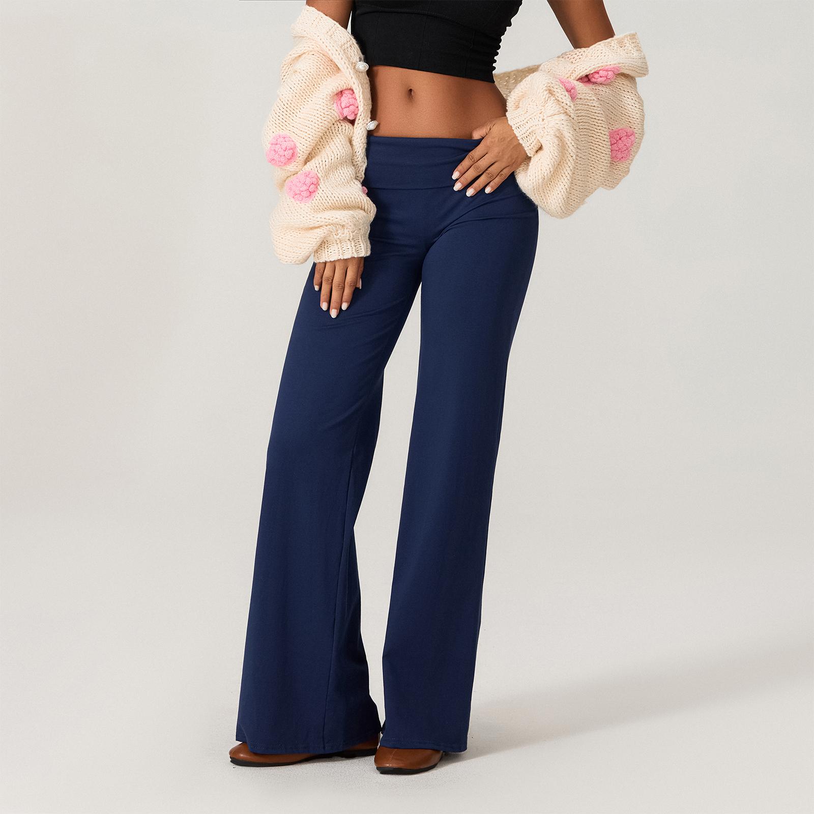 Women Blue Elastic Wide Leg Pants Ladies Female Casual Cute Striped Print Folded Waist Trousers Leggings for Work Office Streetwear