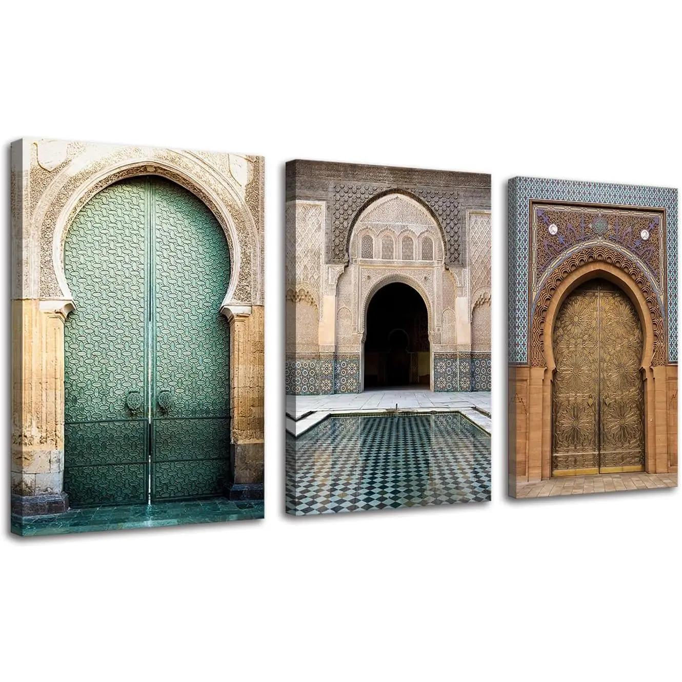 BFUIWIE Framed Classical Architecture Canvas Print Set - 3-Piece 16x24in Morocco Door Art, Nature-Infused Artistic Hanging Wall Decor for Bedroom, Sofa Cotton Posters & Prints