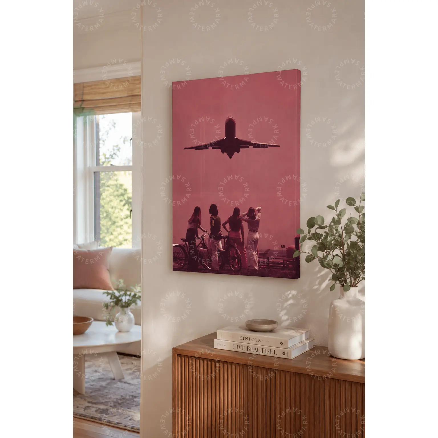 Pink Airplane Travel Wall Art Canvas Poster, Sunset Friendship Photography Print, Aesthetic Bedroom Wall Art, Living Room Decor, Teen Room Decor, Modern Travel Lover Gift, Office Wall Art