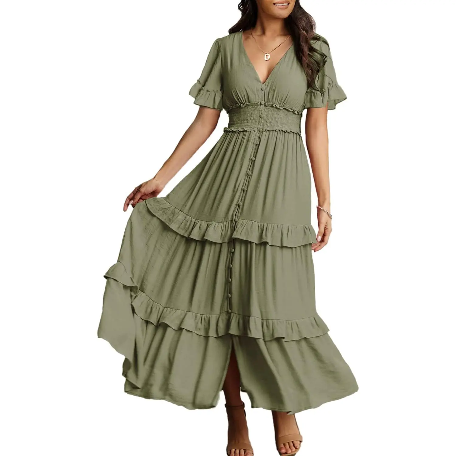 Women's V Neck Long Sleeve Boho Maxi Dress Fall Wedding Guest Long Flowy Engagement Dresses