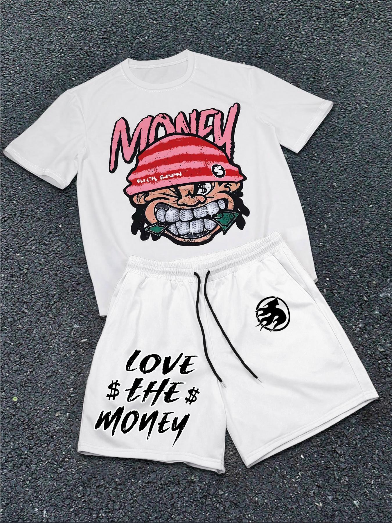 Two-Piece Set Men's Cartoon Face Print Short Sleeve Tee & Boxer Briefs Set, Regular Fit Casual Round Neck T-shirt & Shorts, Men's Summer Clothes, Casual Outfit Set, Casual Fashion Set, Casual Streetwear Set