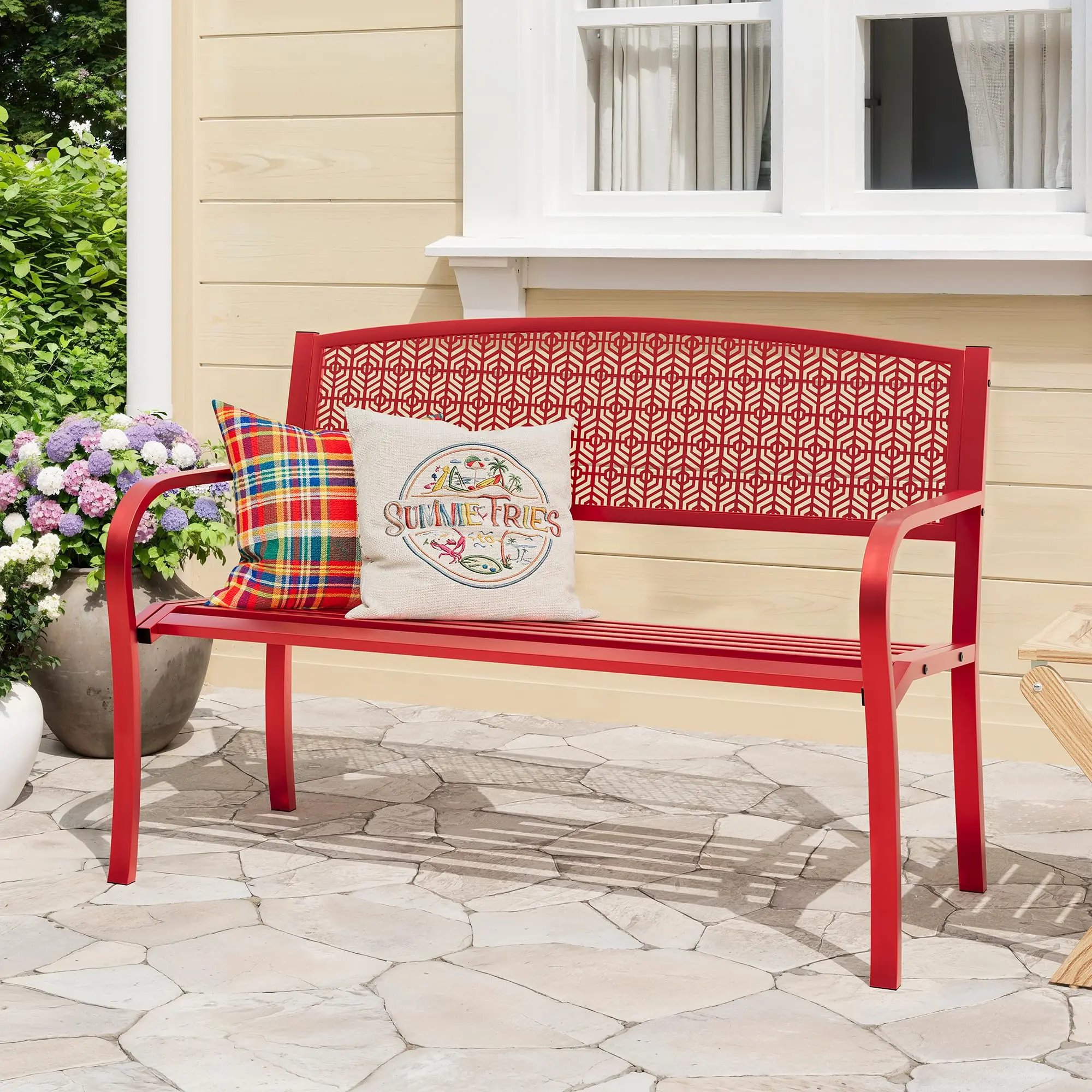50" Heavy Duty Metal Garden Bench with Decorative Arched Backrest, 300LB Capacity Steel Patio Bench for Porch, Backyard & Poolside
