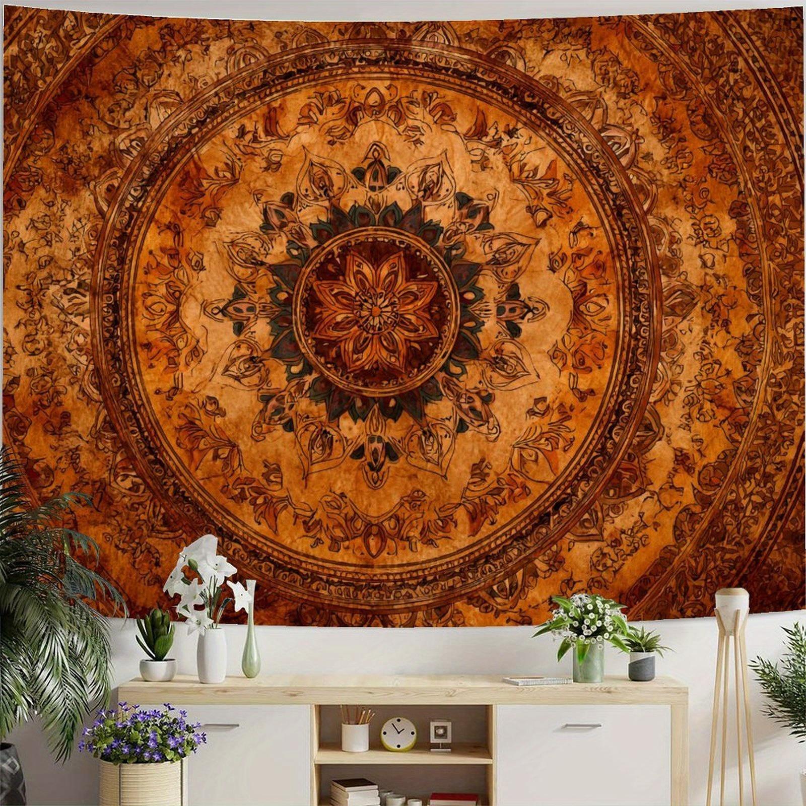 Bohemian Mandala Tapestry Wall Hanging, Boho Aesthetic Room Decor for Bedroom, Dorm, Apartment, Vintage Orange-Brown Hippie Wall Art with Floral Medallion Pattern, Retro Wall Tapestry for Living Room