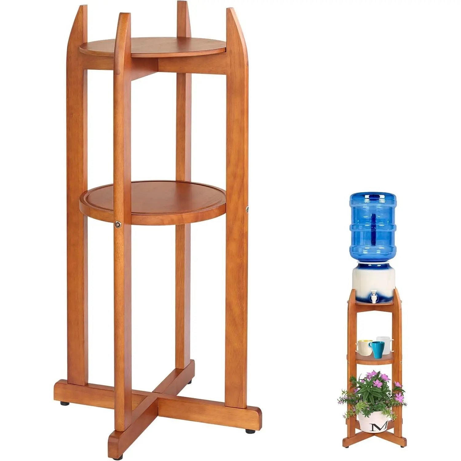 Natural Solid Wood Water Dispenser Floor Stand(32.8" Hight-11.2" Wide) Drink Dispenser Floor Stand with 2 Round Shelfs Included for 1-5 Gallon Water Bottles/Crocks, Water Jug and Plant Stand-Light