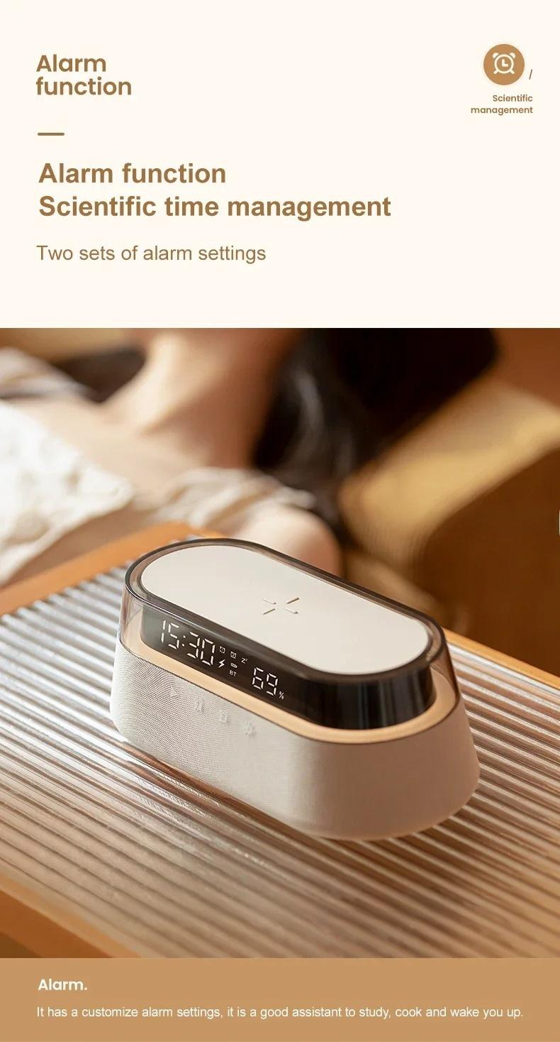 6-in-1 Smart Speaker Alarm Clock 15W Wireless Charger Bluetooth Music Player with Snooze Function