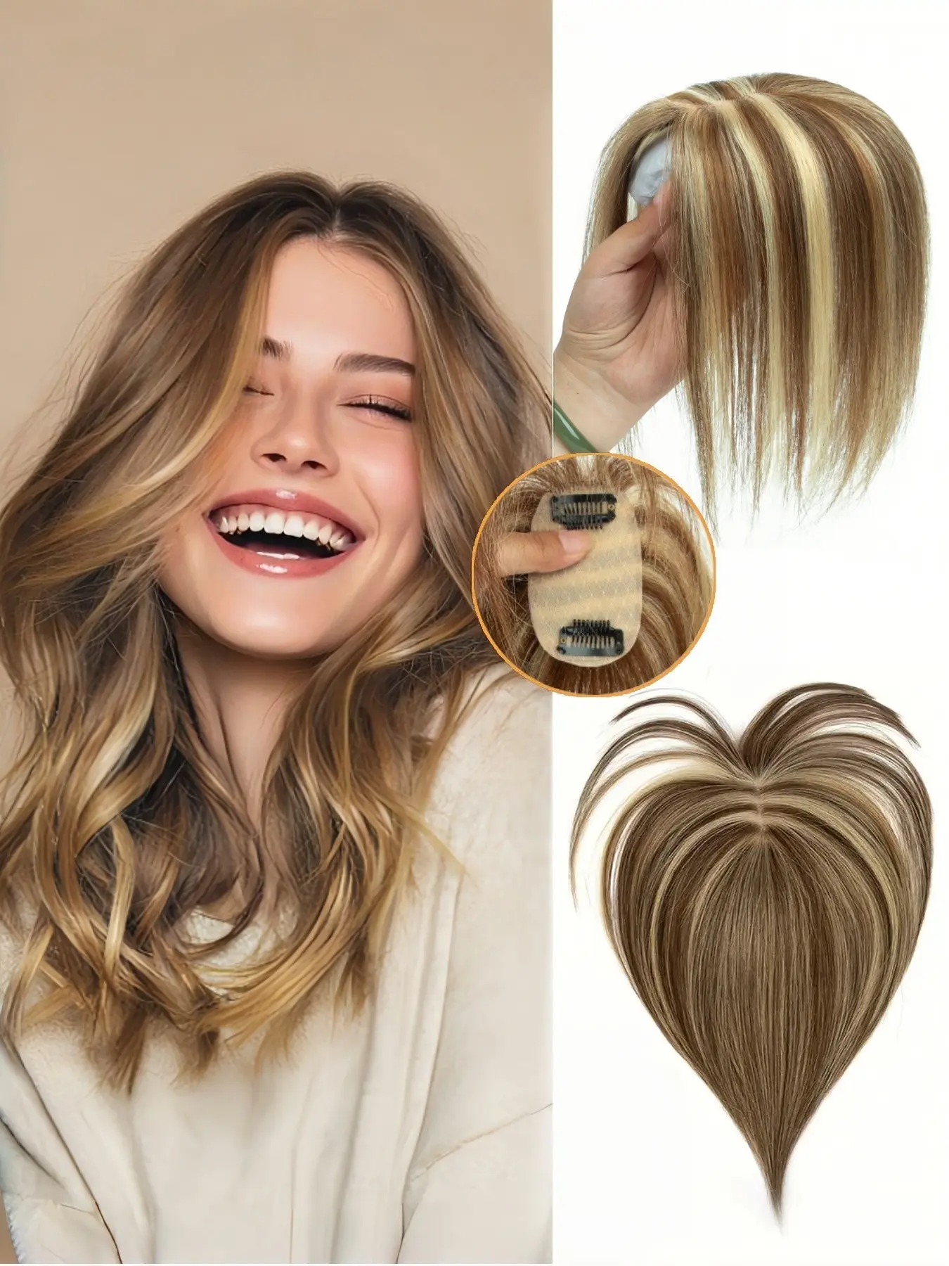 Middle Part Human Hair Topper 5x9cm Lace with 2 Clips, Covers Thinning Hair, Adds Volume, Quick Style Changes, Daily & Special Use