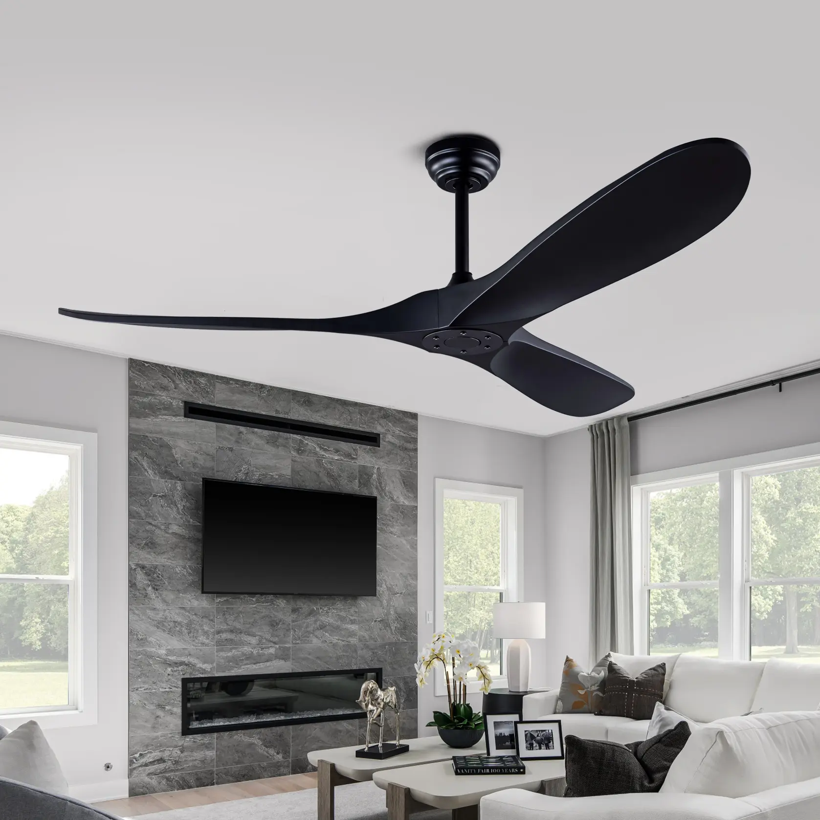 52-Inch Black ABS Plastic Ceiling Fan with Remote Control, Reversible DC Motor, No Light, Standard Mount, Damp-Rated, Energy-Efficient Quiet Cooling, Includes 5 & 10-Inch Downrods, for Garage, Patio, Living Room, Reversible Motor