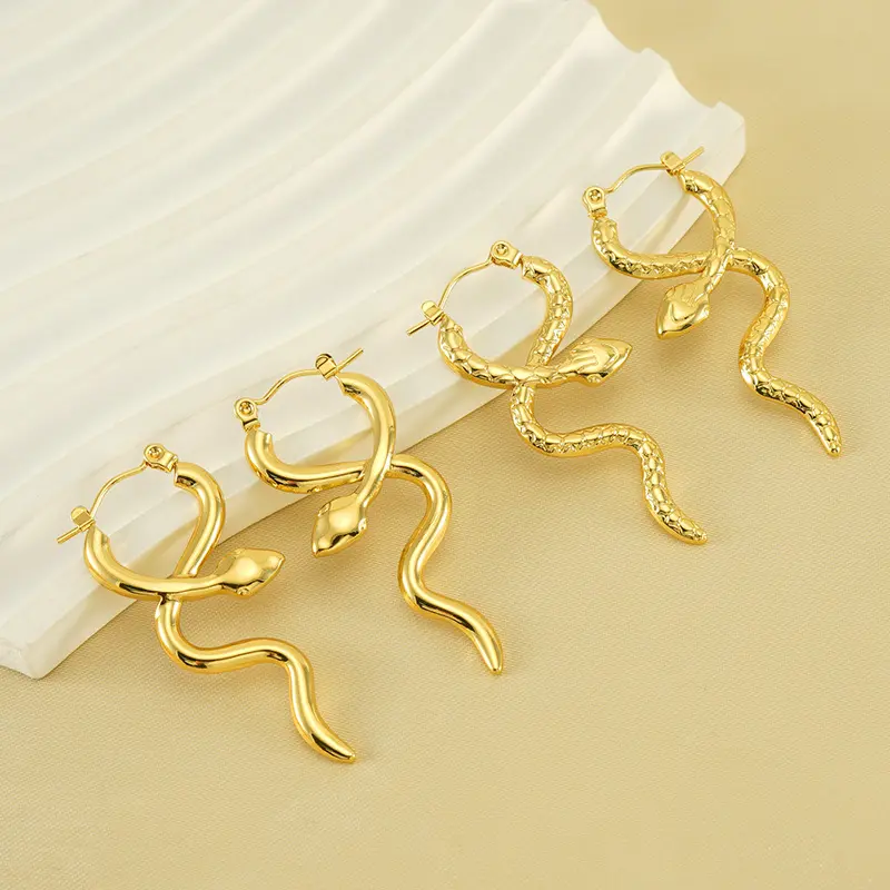 Women’s Snake Hoop Earrings, Gold Tone Stainless Steel Huggie Earrings, Unique Statement Jewelry for Daily Wear
