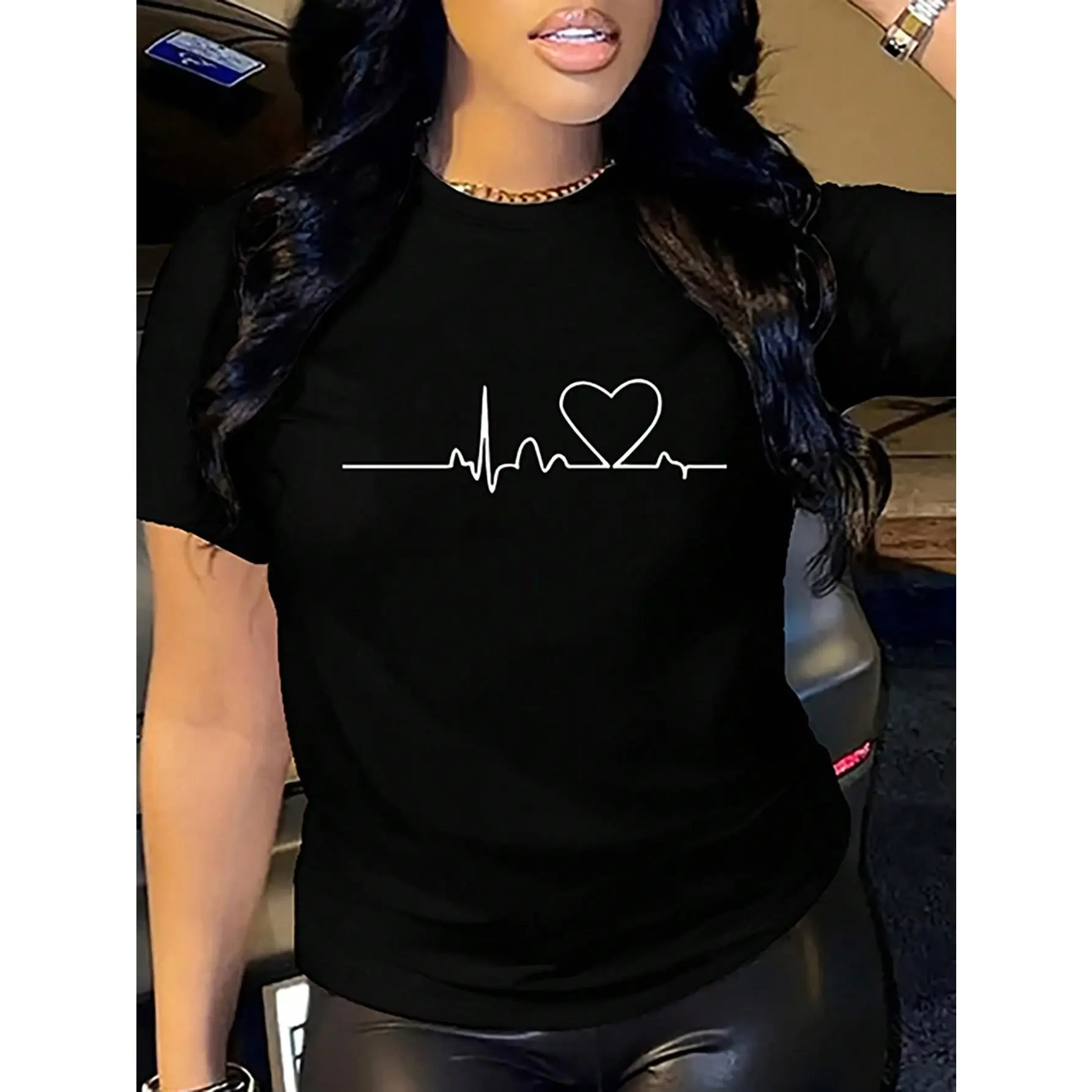 Women's Halloween Heart Print T-Shirt, Casual Short Sleeve Scoop Neck Top in Soft Lightweight Polyester, Regular Fit, Tops, Medium Stretch, Machine Washable, All Over Print, Do Not Dry Clean, Shortsleeve, Tshirt, Piece, Fabric