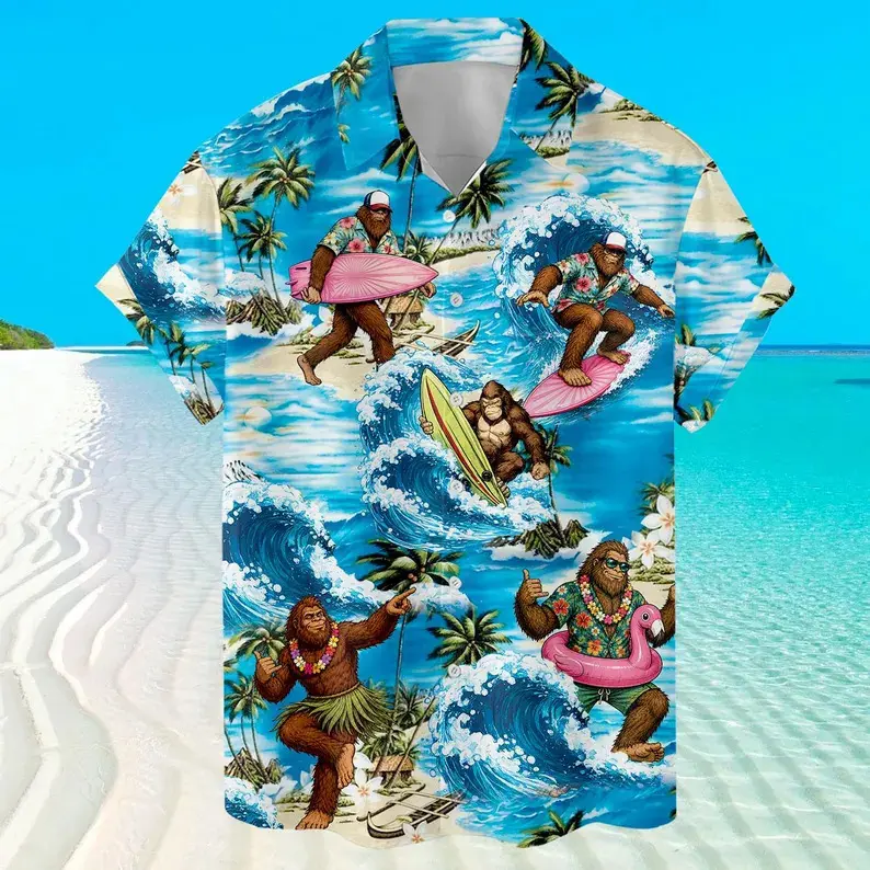 Colorful Surf Wave Palm Tree Bigfoot Sasquatch Hawaiian Shirt, Fun Surfing Cryptid Print Short Sleeve Aloha Button Up Shirt, Unique Novelty Holiday Gift for Surf Enthusiasts and Tropical Beach Lovers # TikTokMadeMeBuyIt # GiftForSurfers # FunnyTropicalOut