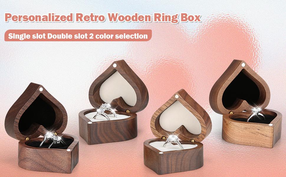 Wooden Heart Shape Ring Gift Box with Single Slot 2 Slot, Personalized Vintage Wood Jewelry Box for Proposal Engagement Wedding Ceremony Anniversary (White -2 Slot)