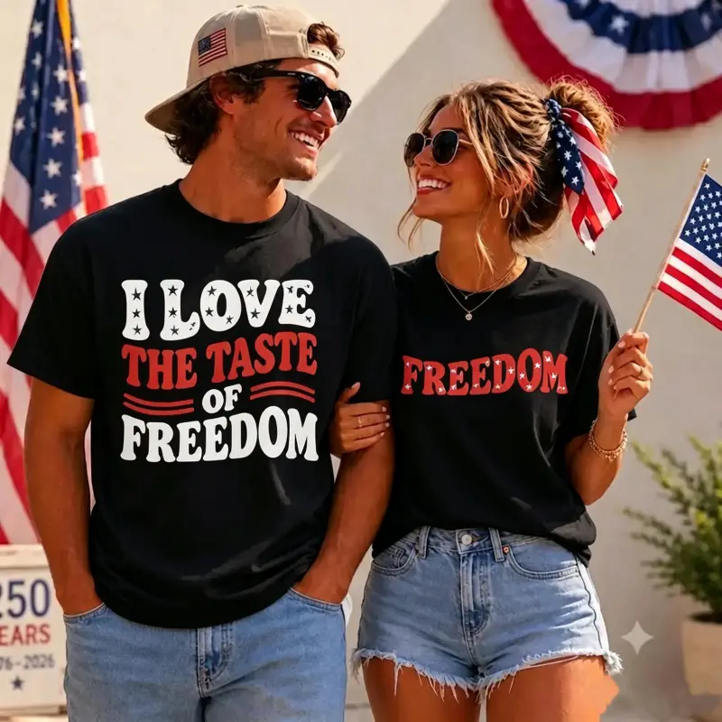 Unisex 100% Cotton Short-Sleeve Classic Simple Graphic Print Tee Tops - Soft Breathable Menswear Sports Top, USA 250th Anniversary Patriotic 4th of July Couple Gift Essential