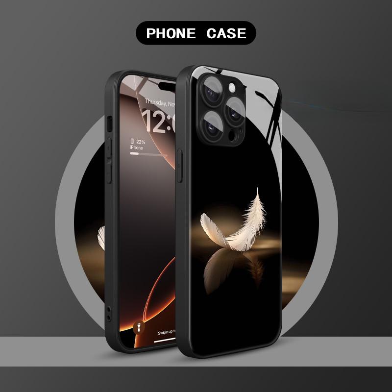 Luxury Minimalist White Feather Golden Reflection Pattern Phone Case with Lens Protection, for iPhone 17 16 15 14 13 12 11 pro max, Full Coverage Anti-Fall Protective Case, Phone Accessory