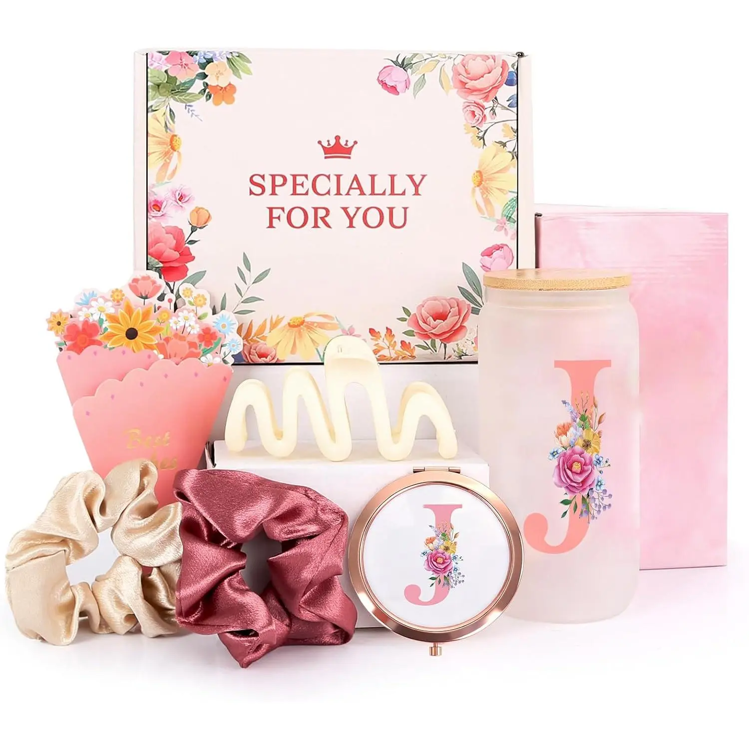 Letter J Gifts for Teen Girls -  Personalized  Box with Tumbler, Mirror & Hair Accessories, Popular 13-18 Year Old Birthday Gifts & Trendy Stuff