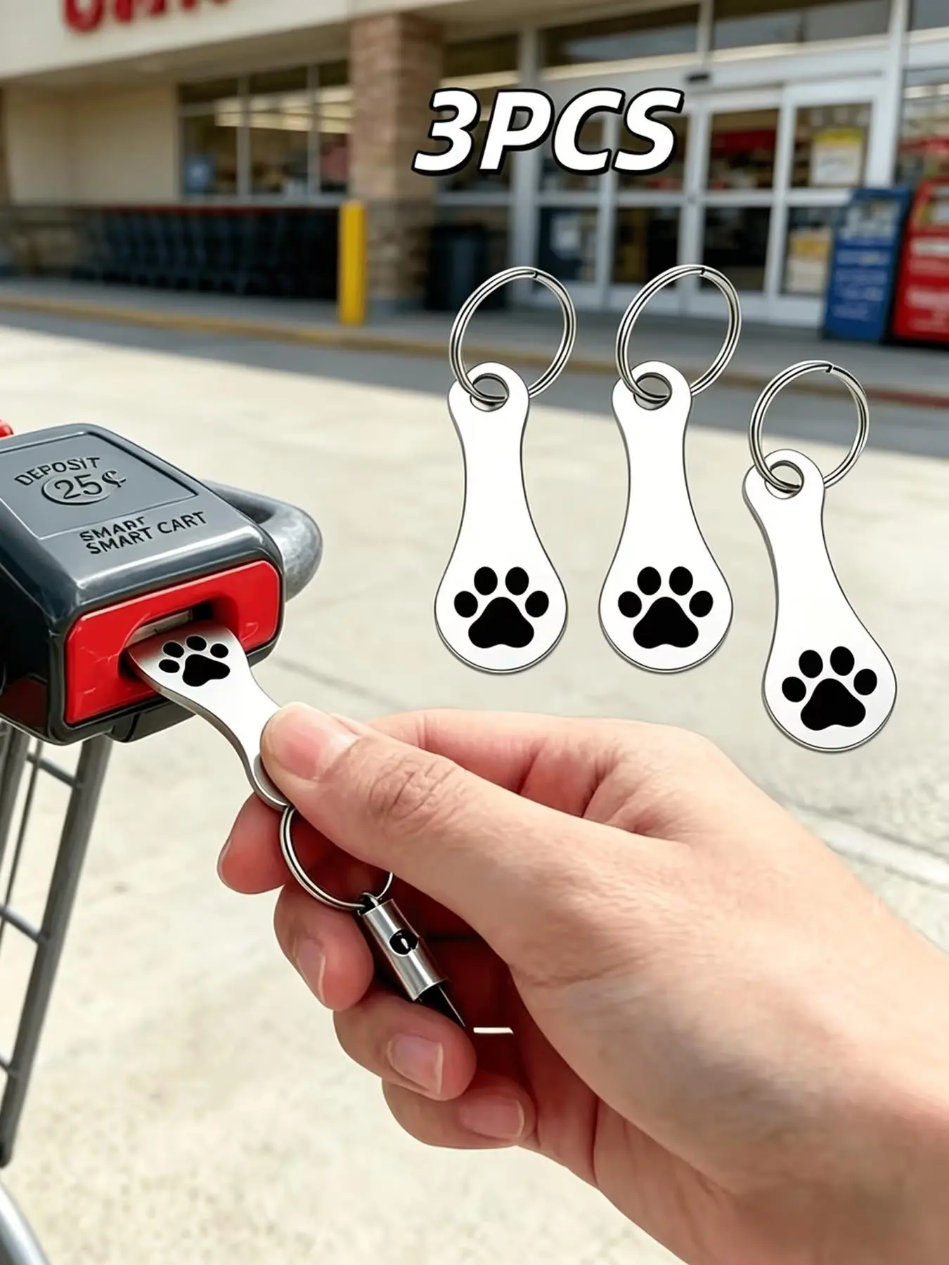 3pcs Cat Paw Supermarket Shopping Cart Token Keychains, Stainless Steel Cart Key with Coin Slot for Shopping Cart Unlocking, Unisex Animal Keychain