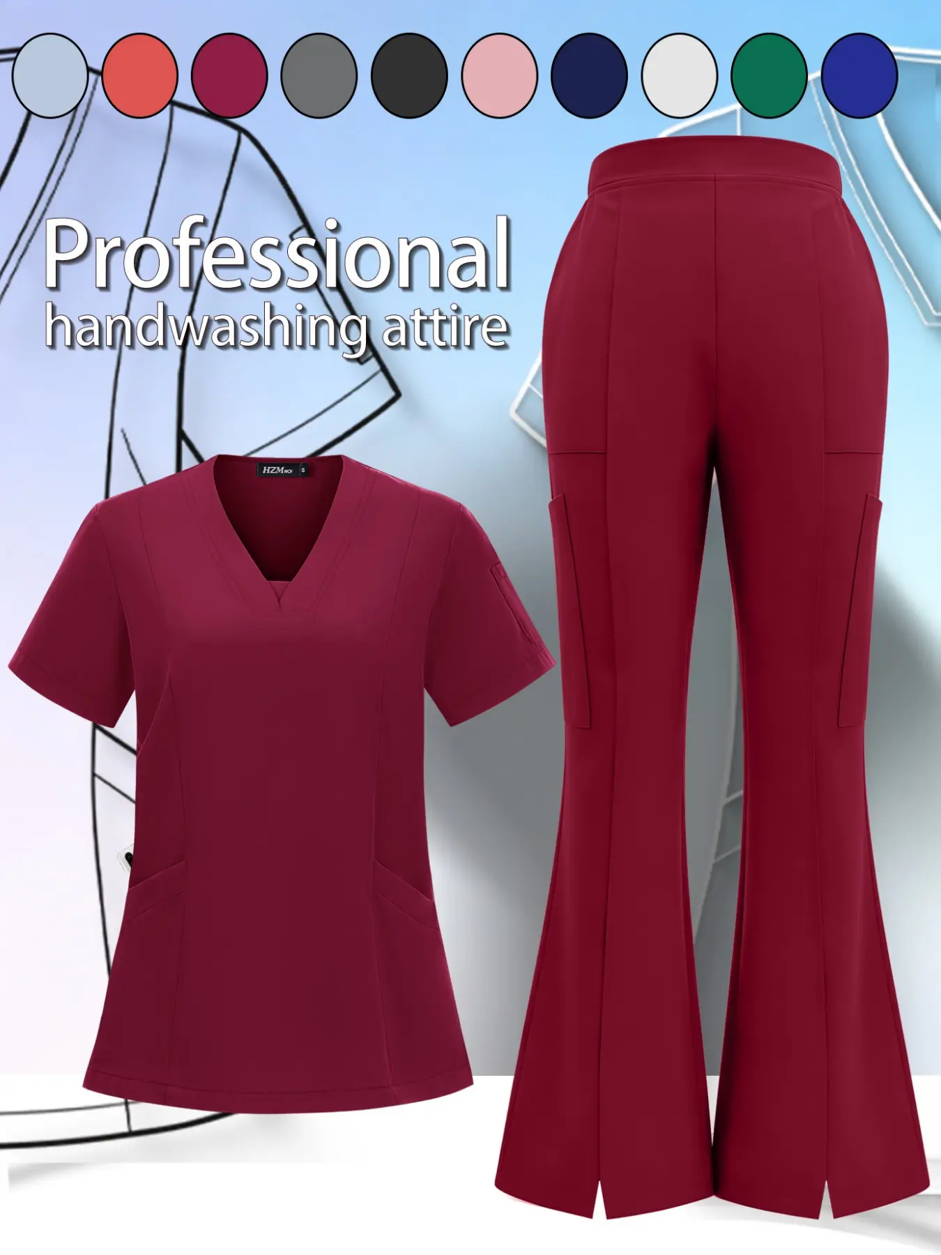 Women's Quick-Dry Breathable Multi-Pocket Workwear Set, Short Sleeve Top & Bell Bottom Pants, Ideal for Hospital, Spa, Home Use