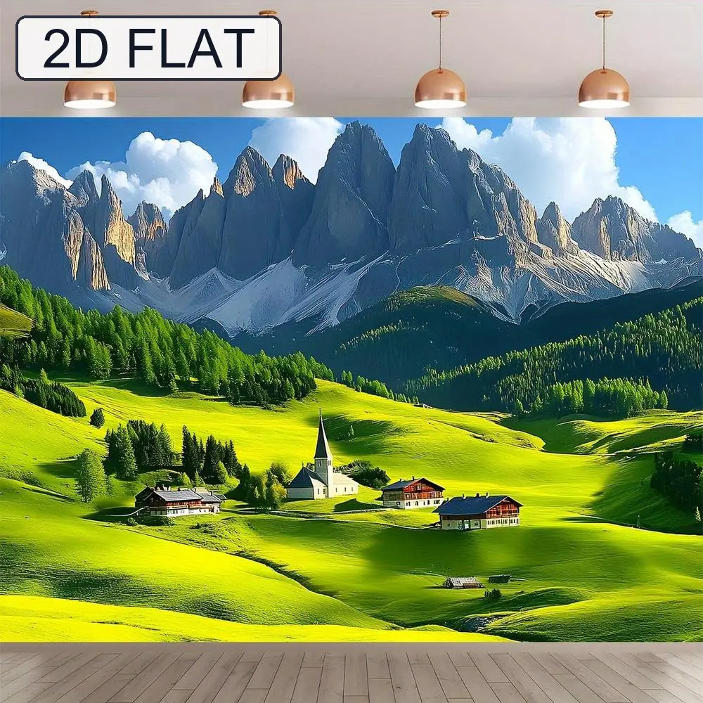 Soft 2D Flat Swiss Alps Farm Backdrop Banner (1pc) - Vibrant Alpine Landscape with Snow-Capped Mountains, Green Fields, Red Barns - Durable Photographic Images Backdrop for Glam Parties, Photography