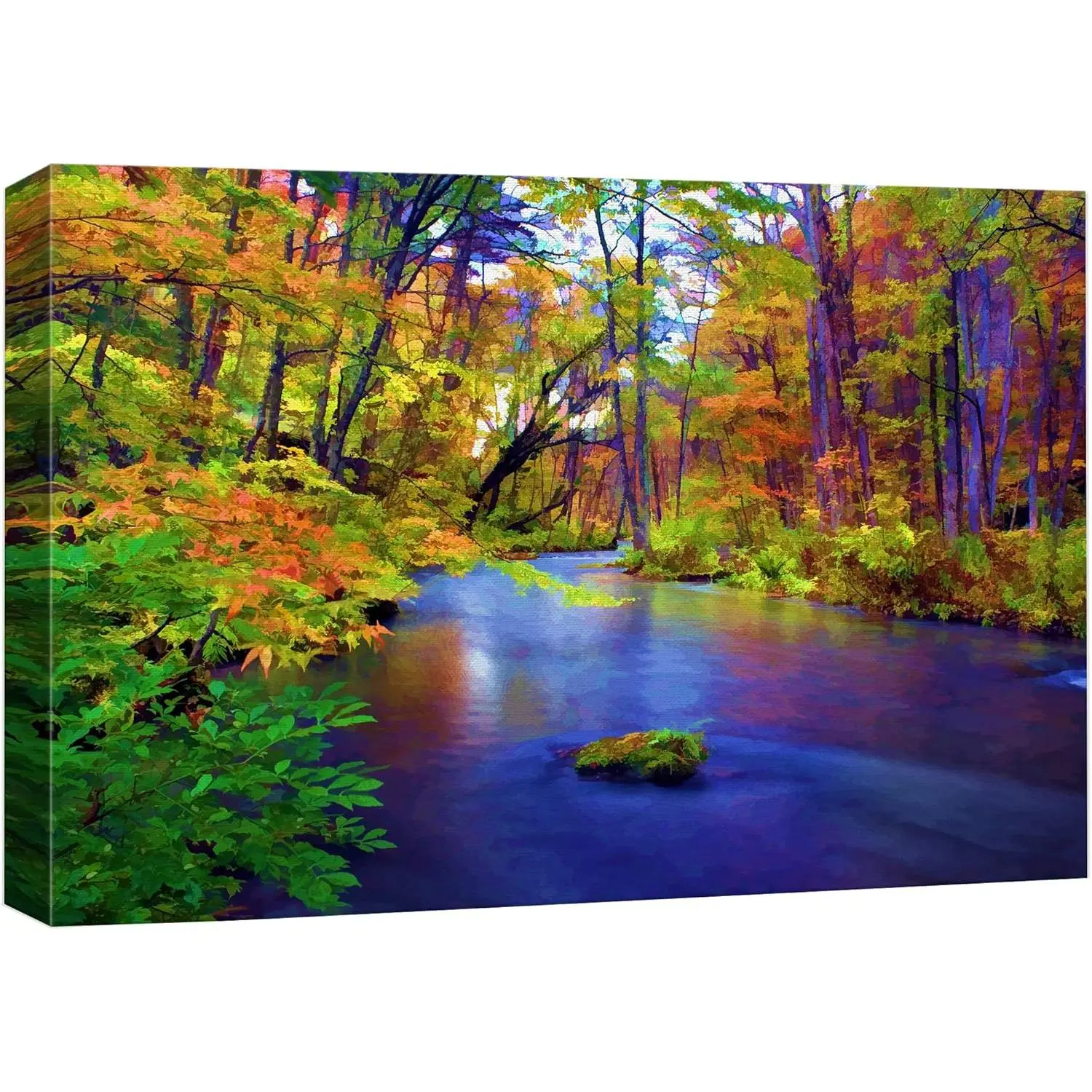 16"x24" Framed Canvas Print Wall Art - Multicolor Retro Realism Autumn Forest Landscape with Blue River, Floral Illustrations, Thanksgiving Easter Accent Wall Decor, Polka Dot Houndstooth Bohemian Piece for Living Room, Bedroom