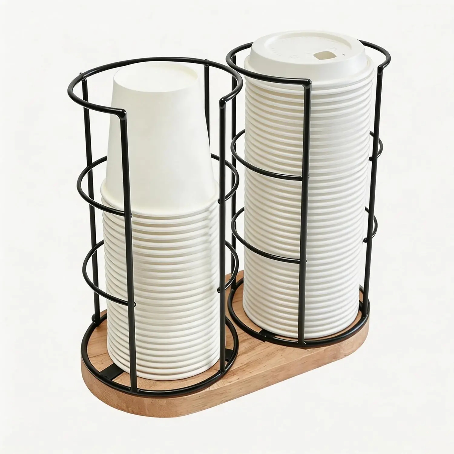 2-Compartment Coffee Cup Dispenser with Wood Base, for Disposable Cups & Lid Organizer, Ready to Use for Countertop in Kitchen Office Gym Cafe (Black)