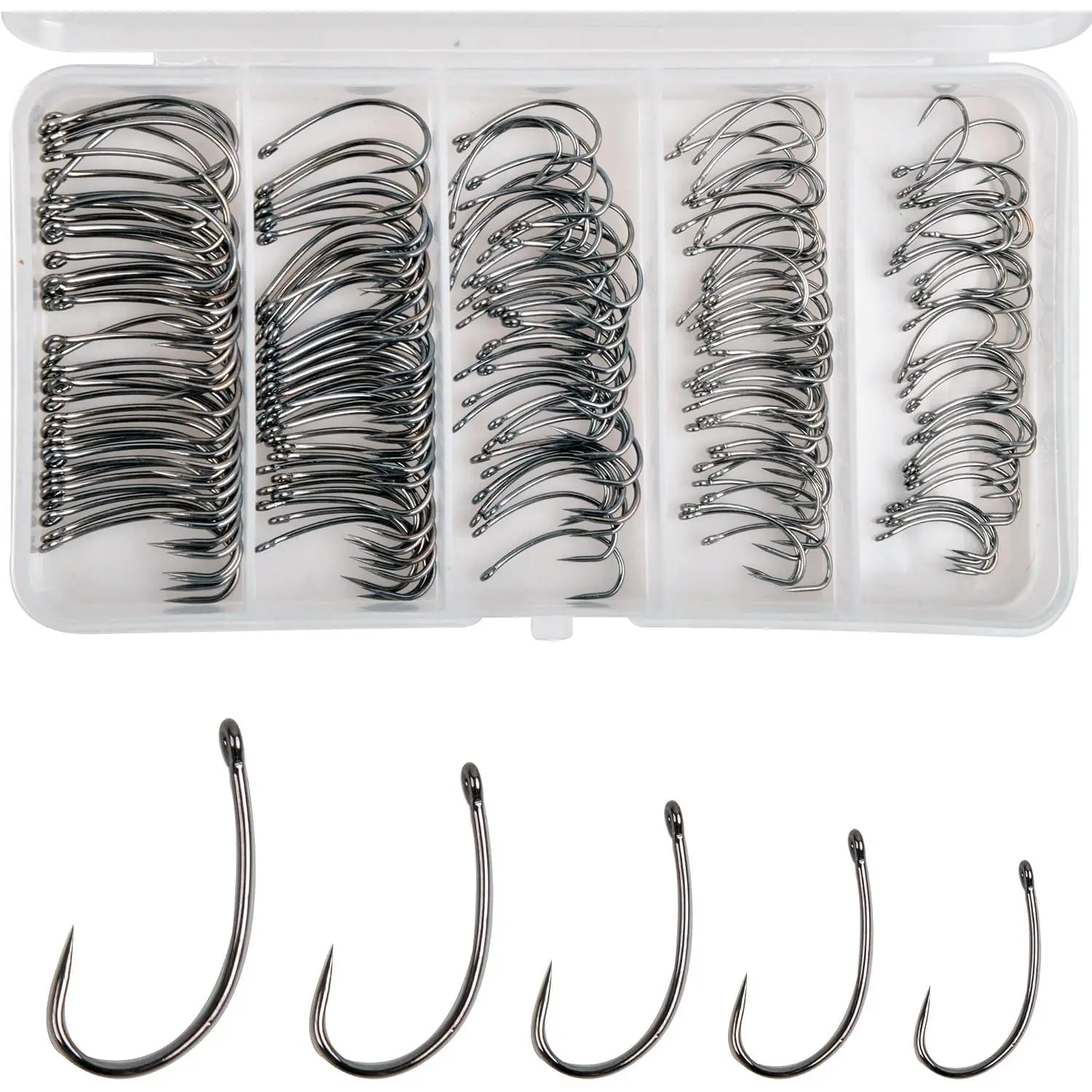 175 count Barbless Fishing Hook Kits,Small Size Carp Fishing Hooks  Shank Crank and Wide Gape Fly Tying Hooks Circle Hook with Tackle Box Size 2#,4#,6#,8#,10#
