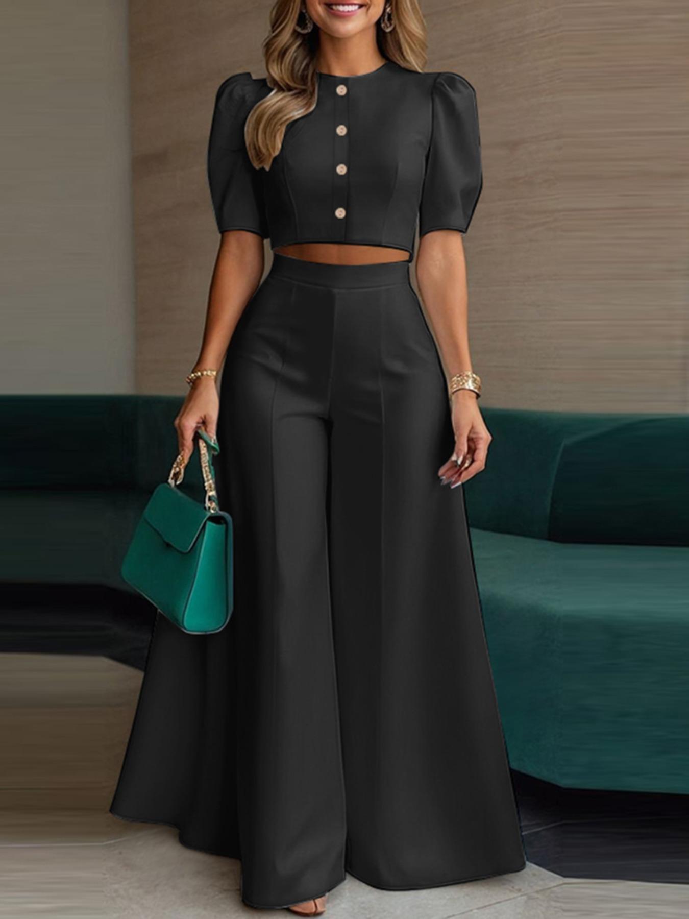 Two-Piece Set Women's Plain Woven Cropped Top & Elastic Waist Wide Leg Pants, Elegant Fashion Top & High Waist Trousers for Daily Wear, Womenswear for Summer