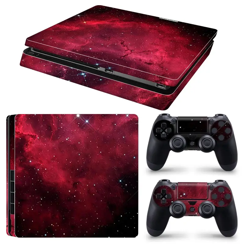 Burgundy Red Nebula Galaxy Space Art Vinyl Skin Cover for PS4 Slim Console and Wireless Controllers, Waterproof, Scratch-Proof & Long Lasting, Removable Without Residue Game Console Decor Sticker