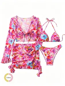 New Elegant Women's Large Print Bikini Set, Swimsuit Style Bikini, Swimsuit Sets, 4-Piece Summer Beach, Fashion Swimsuit for Vacation and Poolside, Comfortable and Trendy, Floral Print Swimsuits
