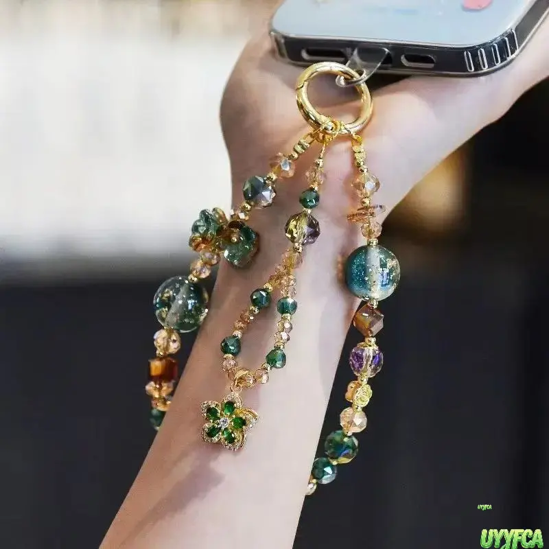 Layer Crystal Beaded Phone Wrist Strap, Rhinestone Flower Butterfly Charm Phone Lanyard, Spring Ring Clasp Cute Aesthetic Hanging Ornament, Handmade Multi Color Glitter Bead Chain For Cell Phone Case Keychain Bag Decor Women Daily Y2K Aesthetic Accessory