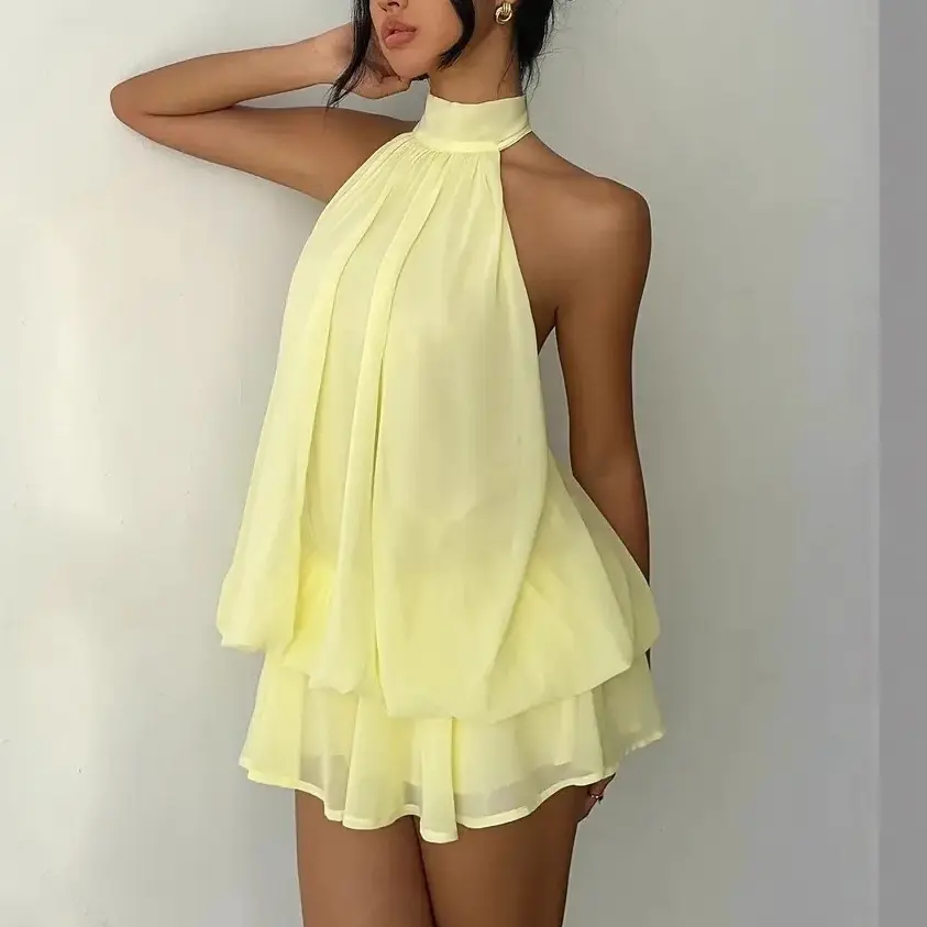 Women's Sexy Halter Neck Chiffon Mini Dress Backless Sleeveless Flowy Ruffle Hem Short Sundress Summer Beach Vacation Resort Wear Boho Party Club Dress Elegant Casual A-Line Tea Dress Holiday Outfit
