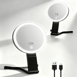 10X/1X Makeup Magnifying Mirror with Lights, 6inch Double-Sided LED Makeup Mirror, Desktop 1X/10X Travel Magnifying Mirror, 3 Color Dimmable Lights, 2000mAh Rechargeable , 3 Ways to Use