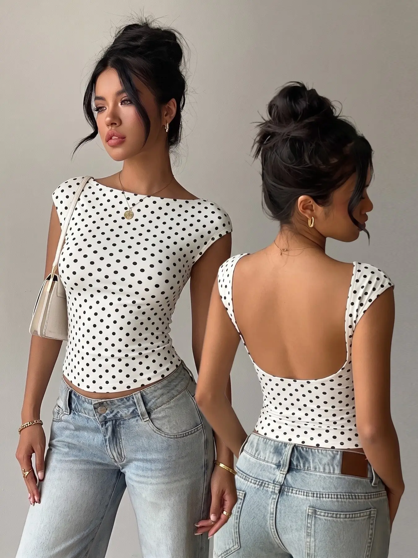 Women's Vintage Y2K Polka Dot Print Crop Top, White Base with Black Dots, Boat Neck with Cap Sleeves, Low U-Back Slim Fit Stretch Cropped T-Shirt, Casual Streetwear Top for Daily Outdoor Wear, Casual Everyday Wear