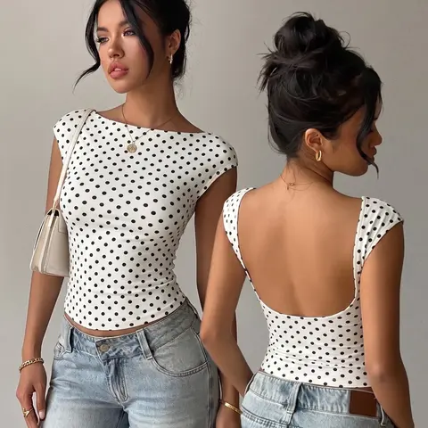 Women's Vintage Y2K Polka Dot Print Crop Top, White Base with Black Dots, Boat Neck with Cap Sleeves, Low U-Back Slim Fit Stretch Cropped T-Shirt, Casual Streetwear Top for Daily Outdoor Wear, Casual Everyday Wear