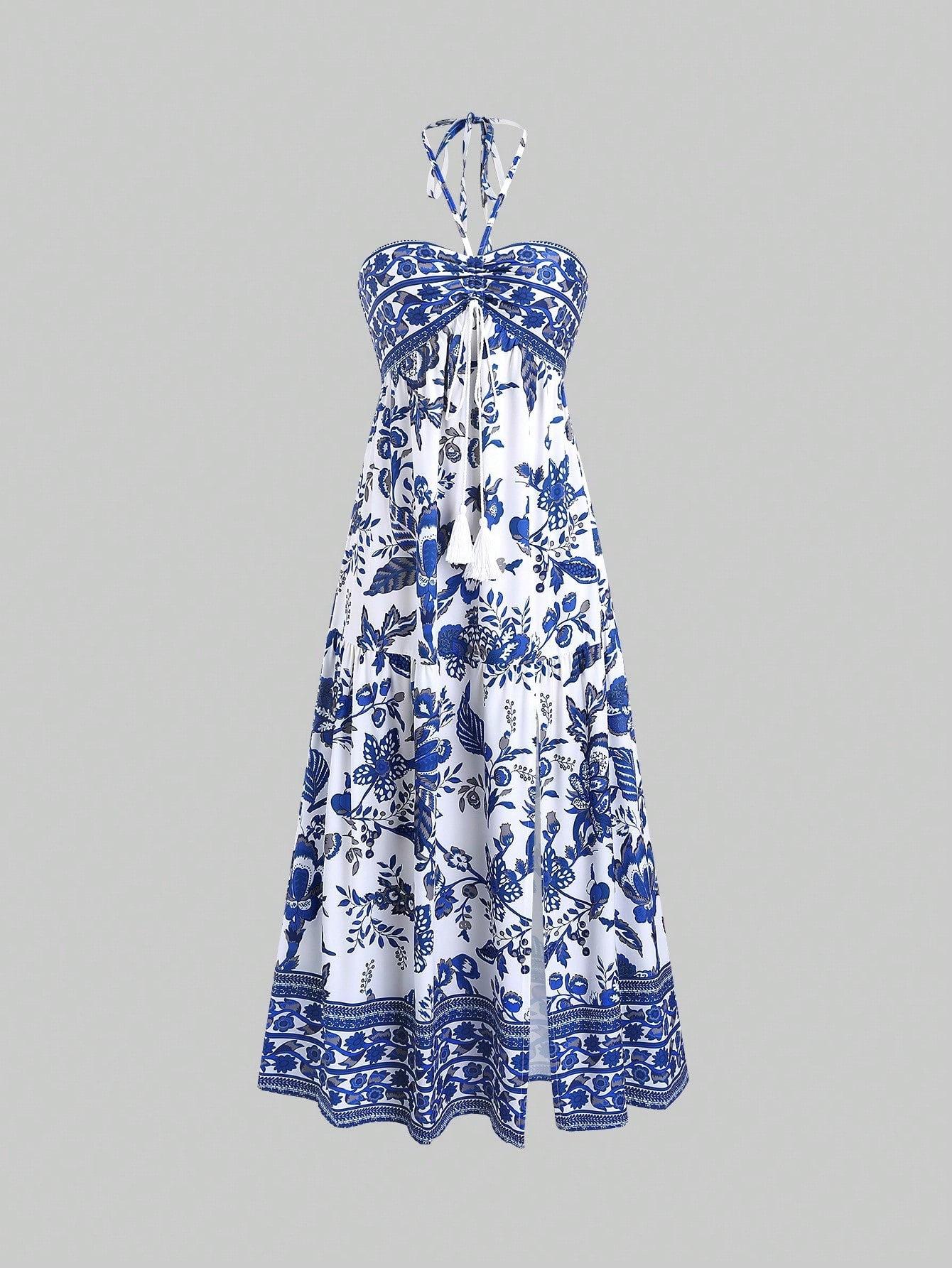 Women's Summer Blue and White Floral Dress Boho Backless Maxi Sundress Spaghetti Strap Flowy Dress Resort-style Summer Fashion Slit Sexy Printed Tie-neck Strapless Dress