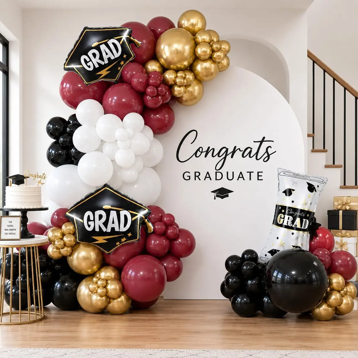 Graduation Balloon Garland Arch Kit, 144 count Burgundy Black  Balloons with Diploma Grad Hat Mylar Balloons for Graduation Decorations Class of 2026 Grad Party Supplies