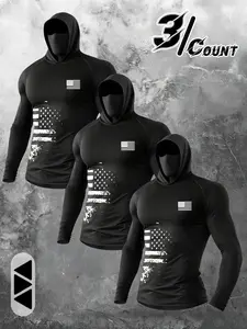 3-Pack Men's Patriotic Balaclava Hooded Compression Tees, Flag Print Running Workout Casual Long Sleeve Tops