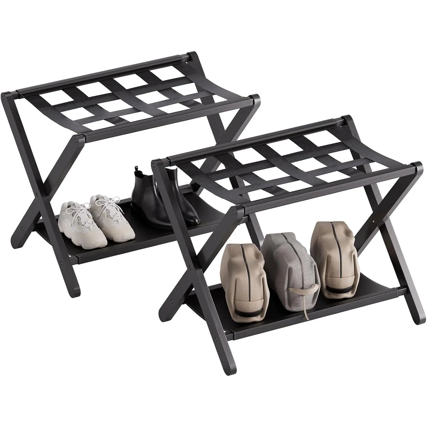 Luggage Rack for Guest Room, Pack of 2, Suitcase Stand Folding Bedroom,  Hotel Luggage Holder with Fabric Storage Shelf and Nylon Straps, Black