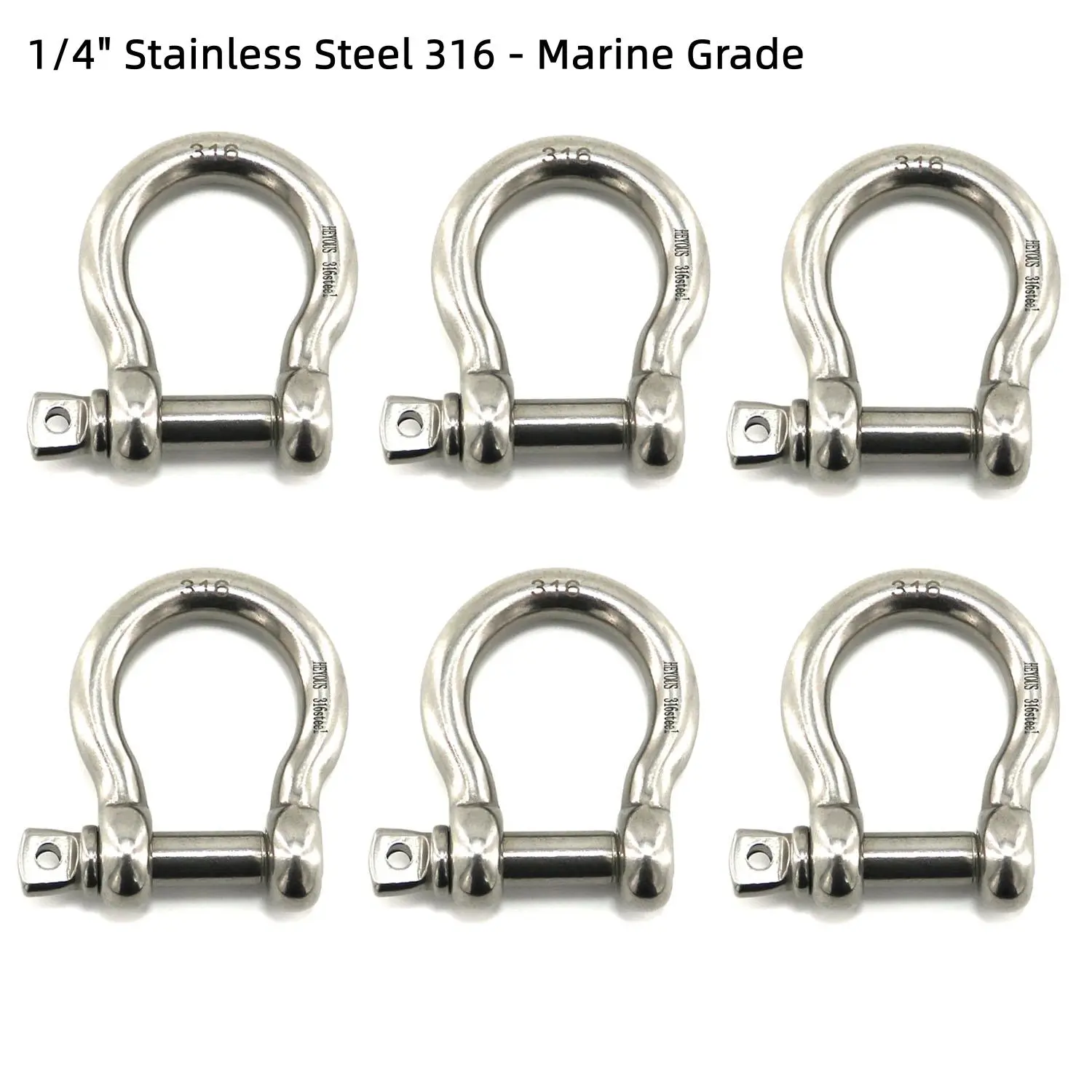 6 PCS 1/4" 316 Stainless Steel Bow Shackle with Over Size Screw Pin for Anchor, Towing, Off Road Recovery