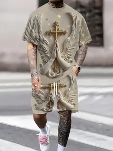 Men's summer casual sportswear set, featuring a printed gold cross with wings and praying hands design. The lightweight, breathable short-sleeved t-shirt and shorts are a two-piece set, suitable for outdoor leisure and everyday street style.