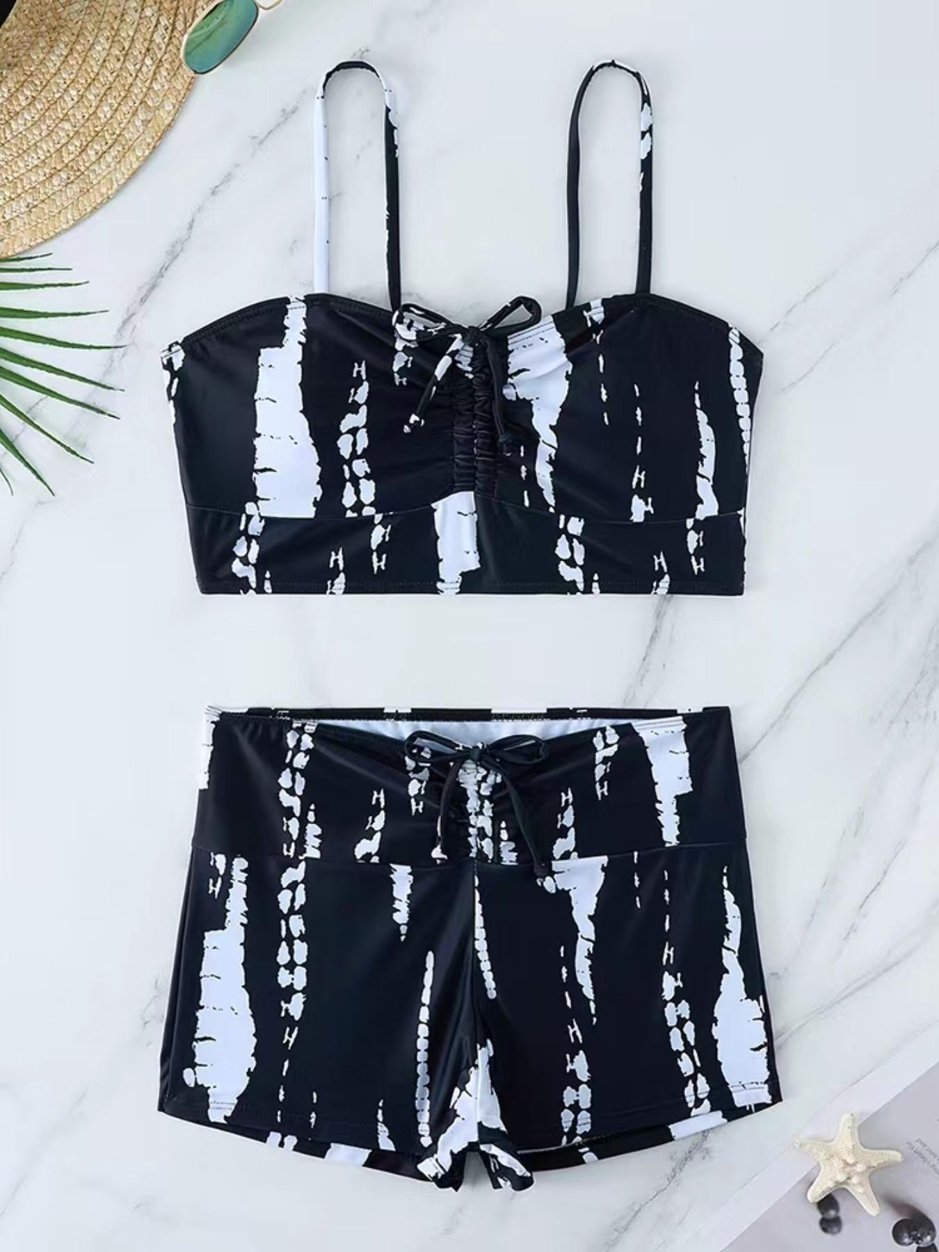 Women's Colorblock Drawstring Tankini Set, High Stretch Adjustable Spaghetti Strap Backless Sleeveless Swim Top & High Waist Swim Bottom Two-Piece Swimsuit for Beach Holiday Vacation, Ladies Swimwear, Tankini Bathing Suits