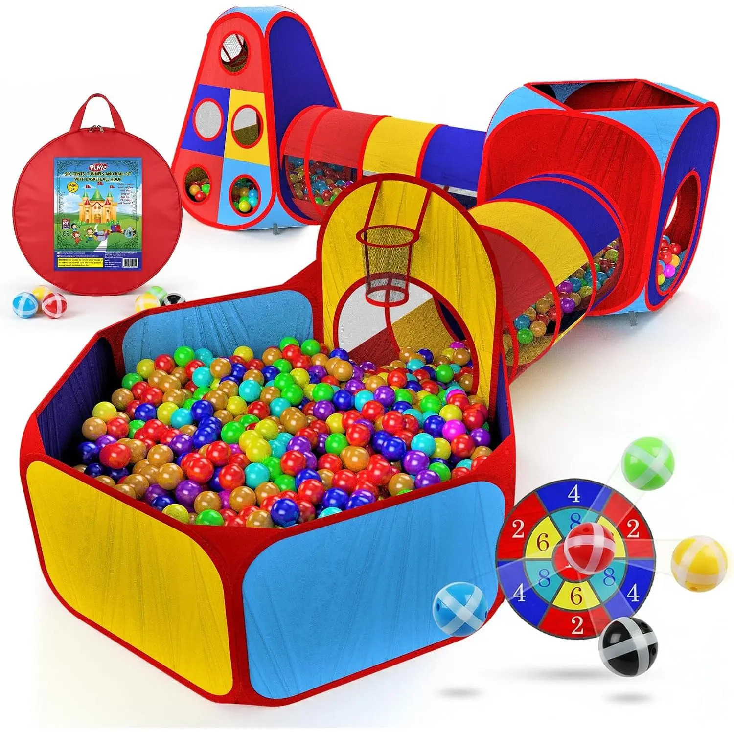 5pc Kids' Play Tents & Tunnels - Ball Pit for Toddlers, Basketball Hoop, Crawling Tubes, Pop-Up Playhouses, Baby Obstacle Course for Indoor or Outdoor Use