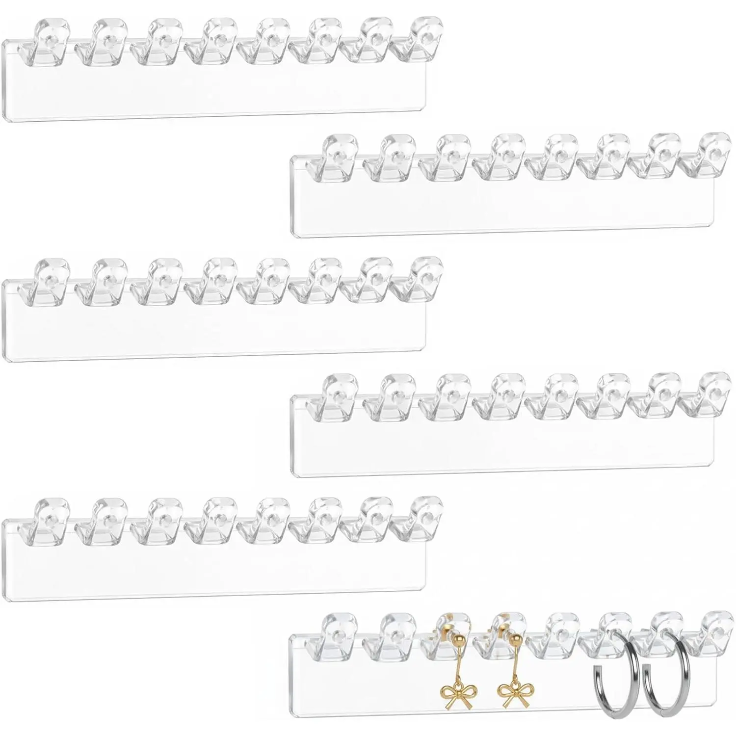Modern Compact Transparent Necklace Holder Organizer - 6-Count Wall-Mount No-Drill Adhesive Racks with 8 Hooks for Rings, Earrings, Bracelets, Bracelet
