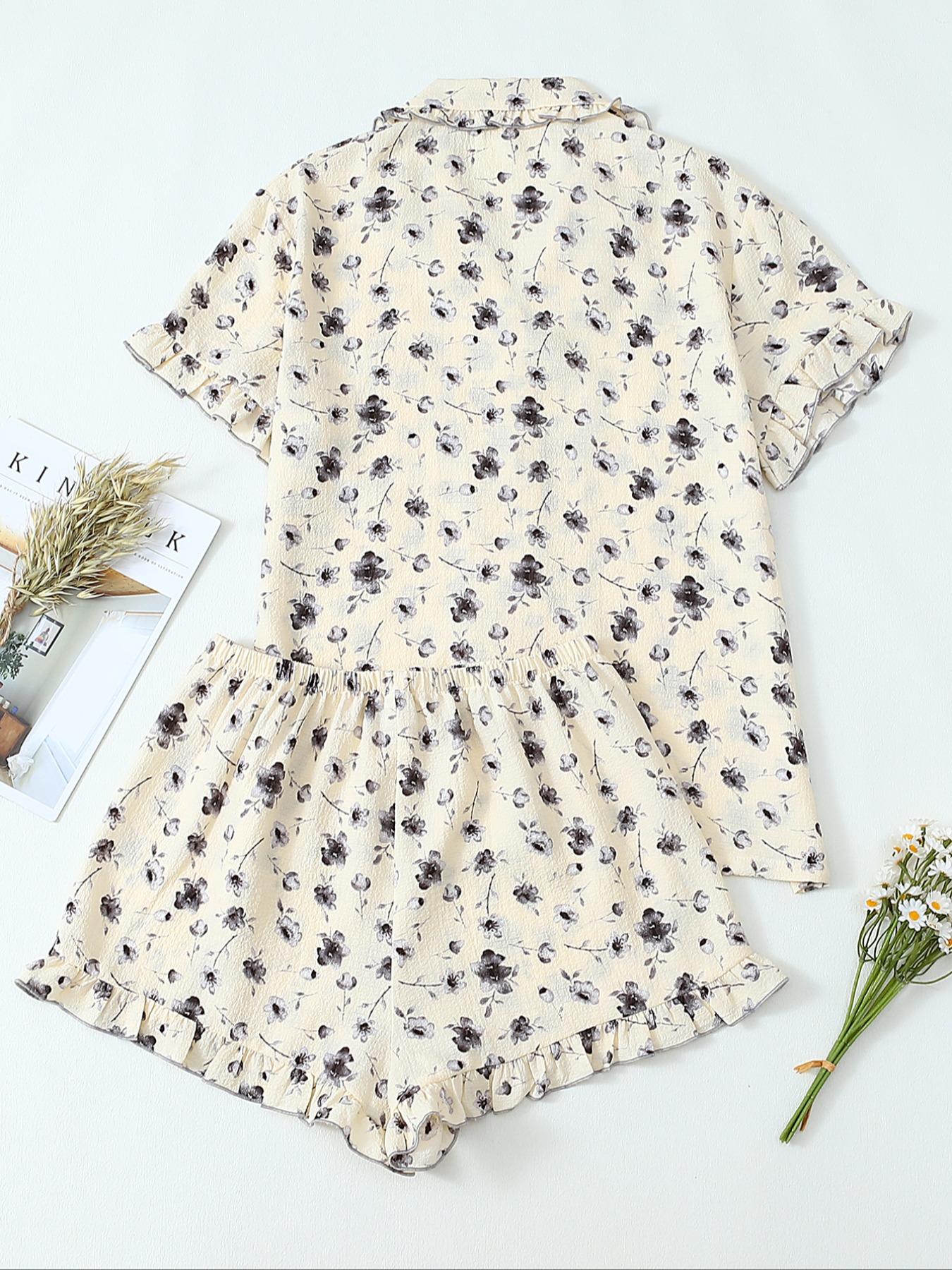 Women's Floral Print Pocket Shirt & Shorts Pyjama Two-piece Set, Casual Comfy Short Sleeve Collared Top & Shorts PJ Set, Ladies Summer Sleepwear Pajamas