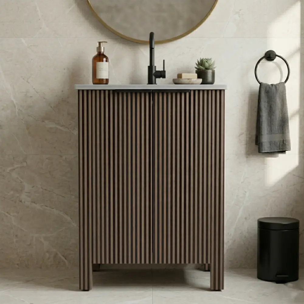 24 Inch Brown Bathroom Vanity Cabinet with White Ceramic Sink, Freestanding Floor Standing Vanity Unit, Modern Bathroom Storage Cabinet, Foldable Portable Design, 1-Minute Easy Installation, Space Saving Vanity Set for Apartment, Home, RV & Small Bathroom