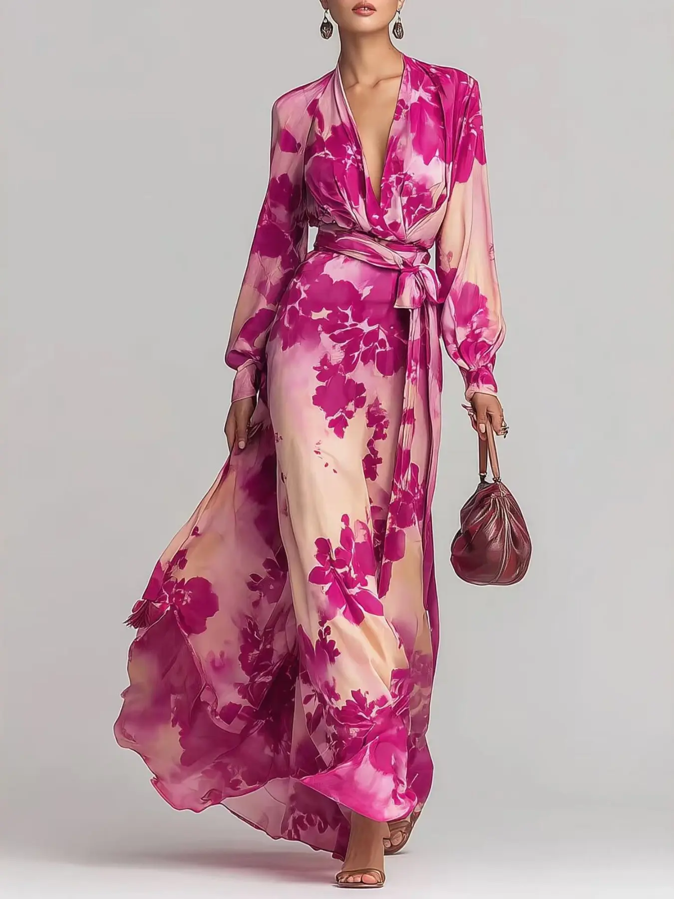 Elegant Chic Long Dress for Summer and Autumn, Printed Plant Long Sleeve V-Neck Casual Tie-Up Dress, European and American Style 2026 New Arrival