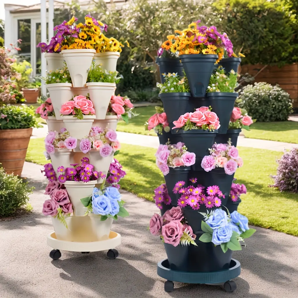 2 Sets, 6-story Stackable Flower Pots - New PPP Material for Vertical Garden Flower Pots for Flowers, Herbs, Strawberries, And Vegetables - Durable New Plastic with Moving Wheels And Tools - Indoor/outdoor Gardening Flower