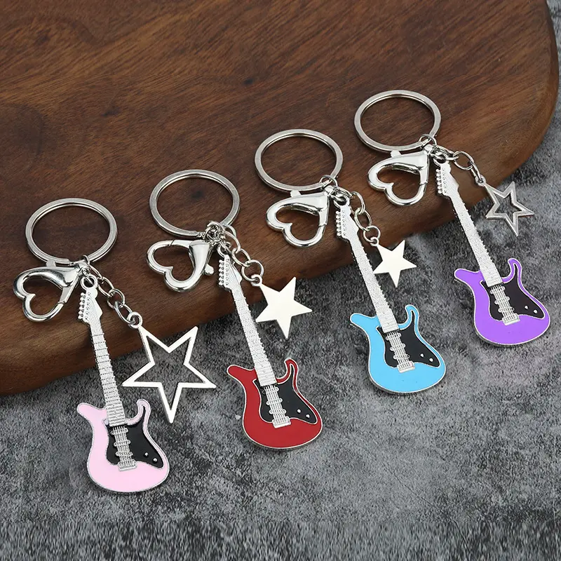 Electroplated Color Retention Alloy Mini Guitar Pendant Vivid Enamel Dipped Surface Fixed Metal Split Ring Compact Light Silhouette For Teen Students Backpack Handbag Portable Music Themed Casual Decorative Bag Charm Key Accessory
