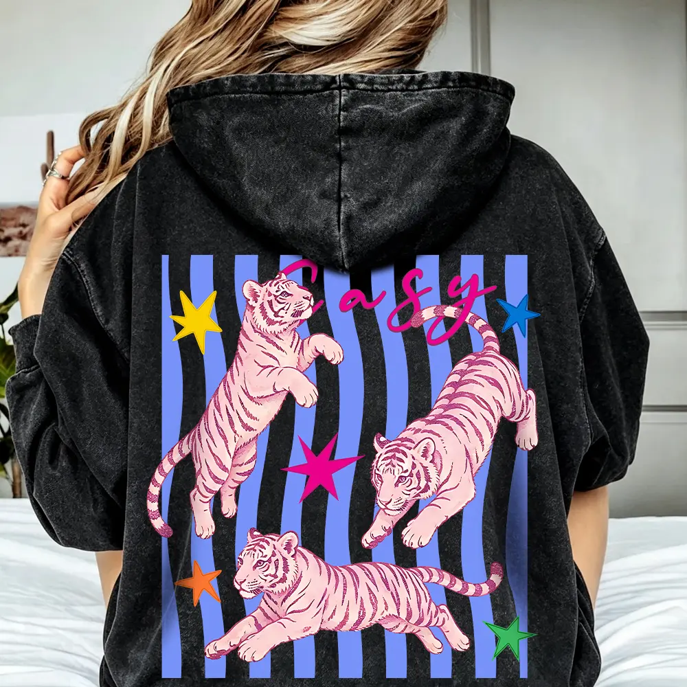 Vintage Acid Wash Oversized Hoodie Unisex Y2K Streetwear Triple Pink Tigers Graphic Sweatshirt Colorful Stars Back Print Heavyweight Hoodie