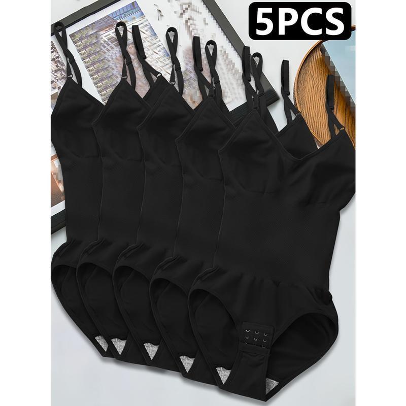 5pcs Women's Seamless Shapewear Bodysuit with Abdominal Compression & Hip Lifting - Tummy Control, No Padding, Stretchy Nylon-Spandex Blend, Black/Brown/White/Beige/Navy Blue, for Travel & Casual Attire, Comfort Undergarment |           Closefitting Sha