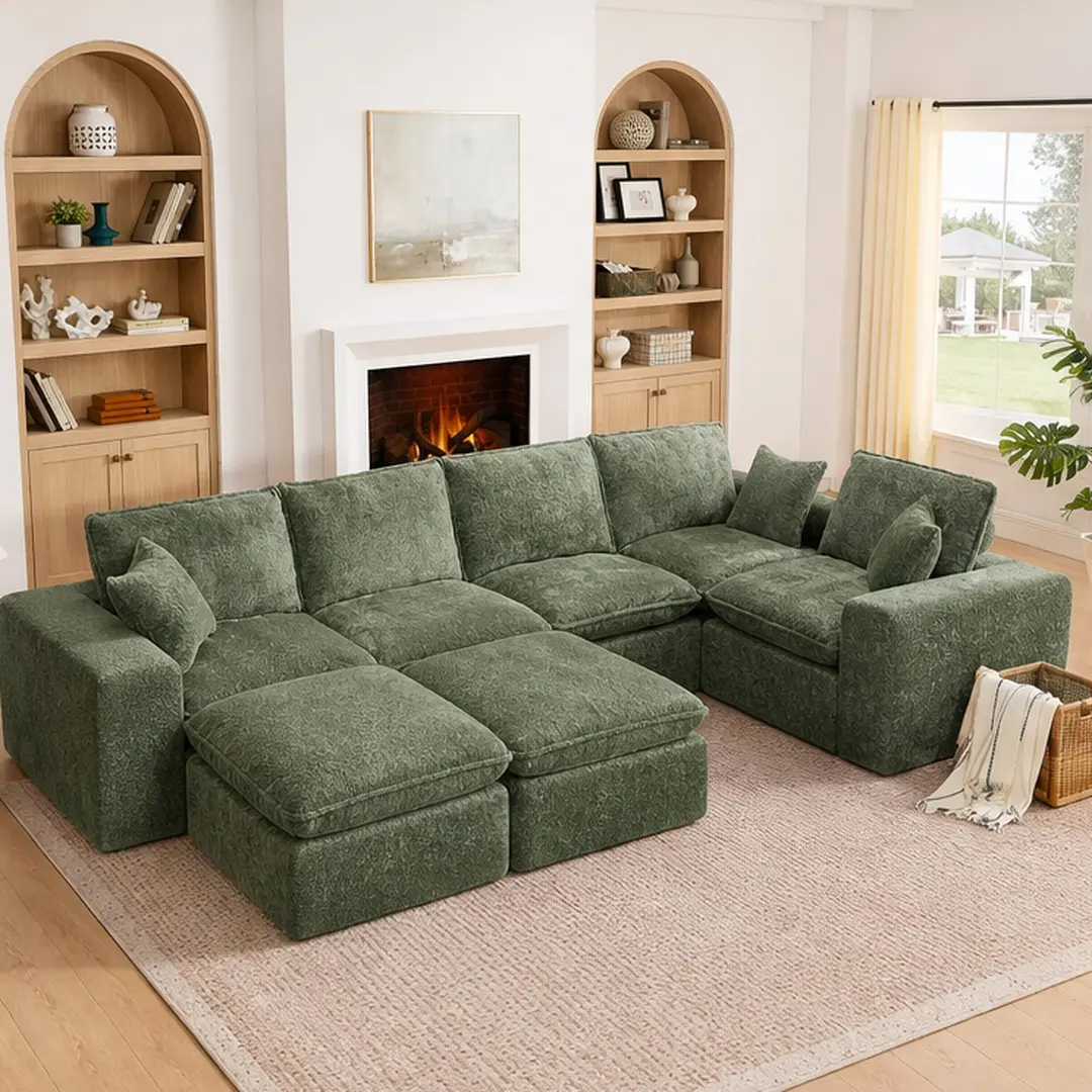 ARCH 107'' Modern Boucle L-Shaped Sectional Sofa with Two Moveable Ottomans for Living Room, Comfy Cloud Couch with Pillows, DIY Modular Combination, Green, 7-Seat, Soft High-Elastic Sponge, Square Arms Pillow Back, Easy Assembly, Green Color Options