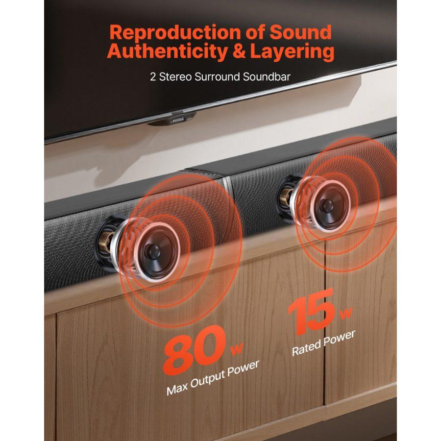 VEVOR Sound Bar for Smart TV, 2.0 Channel, 32-Inch 2 in 1 Detachable Soundbar TV Speakers, with Bluetooth HDMI AUX USB Connection, Remote Control, 80W Surround Sound System, for Home Theater Audio